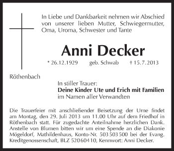 Traueranzeige von Anni Decker von Pegnitz-Zeitung